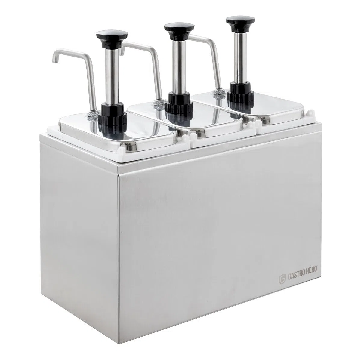 GastroHero Saucenspender 3x 3 Liter – Edelstahl Dosierpumpen & PP-Behälter für Ketchup, Mayonnaise, Dressings & Saucen – robust & hygienisch für Gastronomie, Imbiss & Catering
