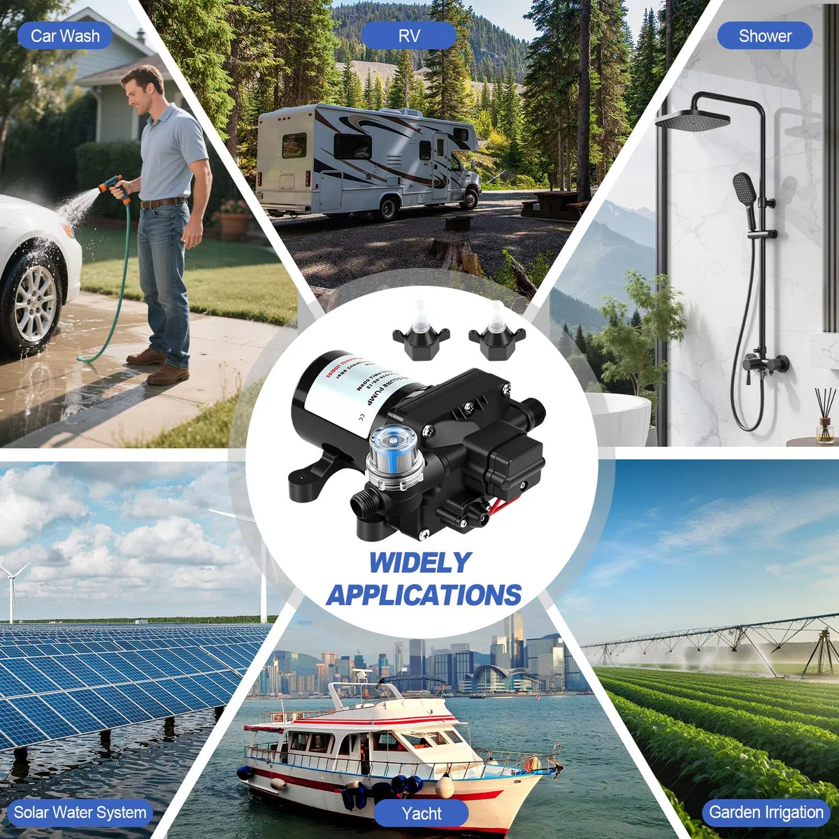 Selbstansaugende Wasserpumpe 12v für Wohnmobil, 4008-101-E65 Druckwasserpumpe 12v Wohnmobil, 4-Kammer-Membranpumpe mit einstellbarem Druckschalter (55 PSI/3,8 bar), PVC & Kupfer, 3 GPM/11.3 LPM