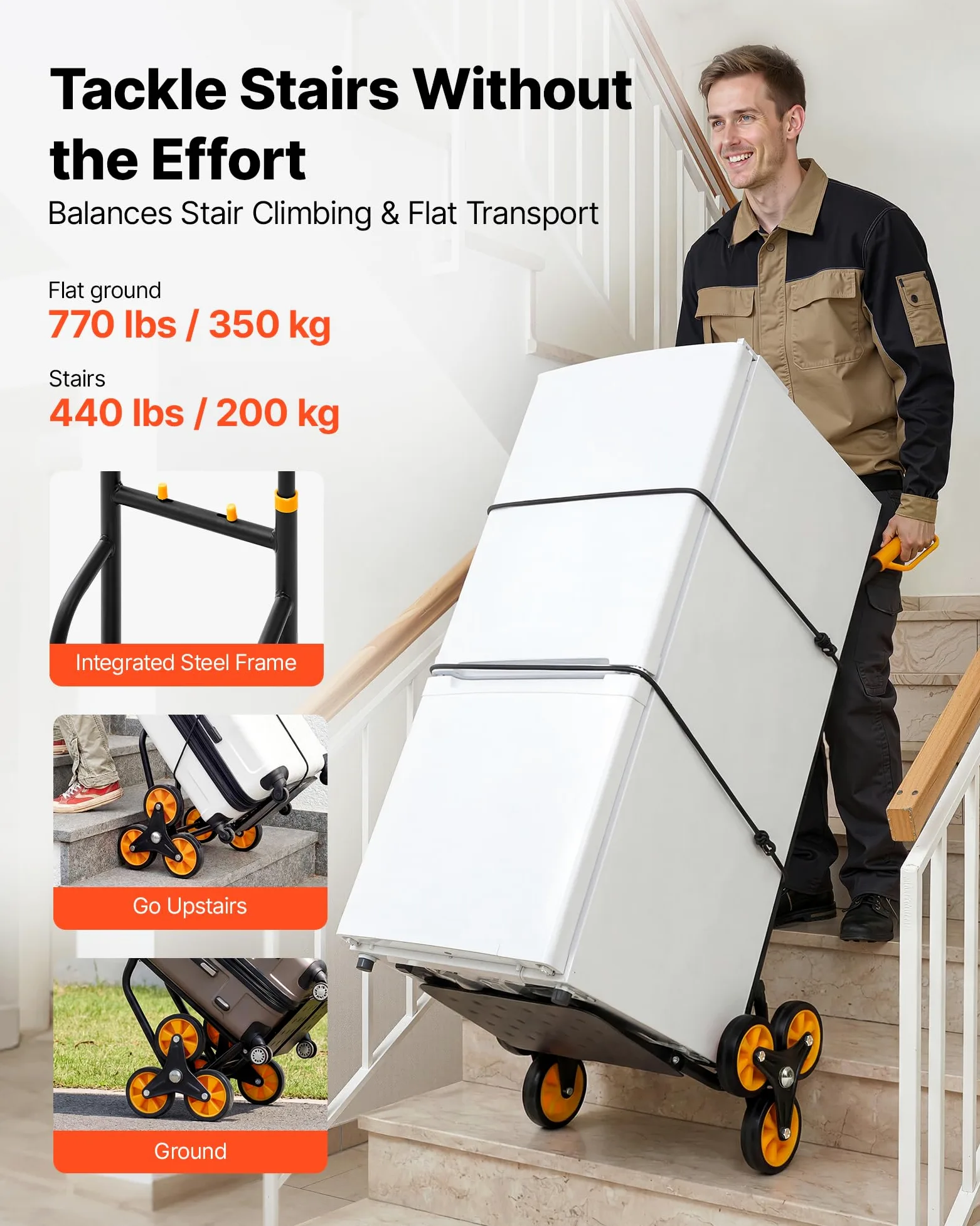 VEVOR Treppensackkarre klappbar, Sackkarre 200 kg Tragkraft, Treppensteiger mit 6 Rädern & 2 Spanngurten, Transportkarre, Treppenkarre, Stapelkarre, ideal für Haushalt, Einkauf & Lager