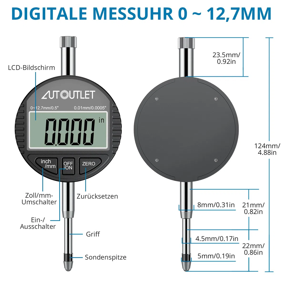 AUTOUTLET Digitales Bohrungsmessgerät Set 18–160mm, mit 23 Sonden & ABS-Box | 0,01mm Genauigkeit, MM/Zoll Anzeige, Robustes Aluminiumlegierung Innenmessgerät bis 150mm Tiefe, Zur Formabweichungsprüfung
