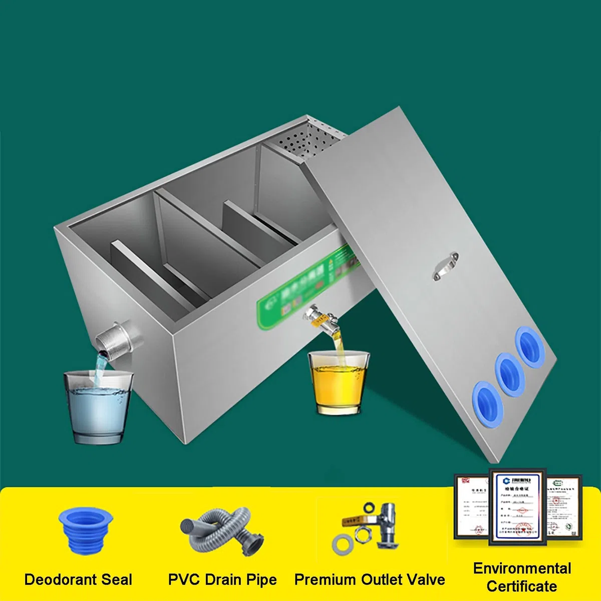 PROPFE Grease Trap Interceptor, Stainless Steel Wastewater Grease Traps Commercial for Under Sink, Commercial Grease Separator with Top Inlet for Restaurant Kitchens, Hotels and Buffets
