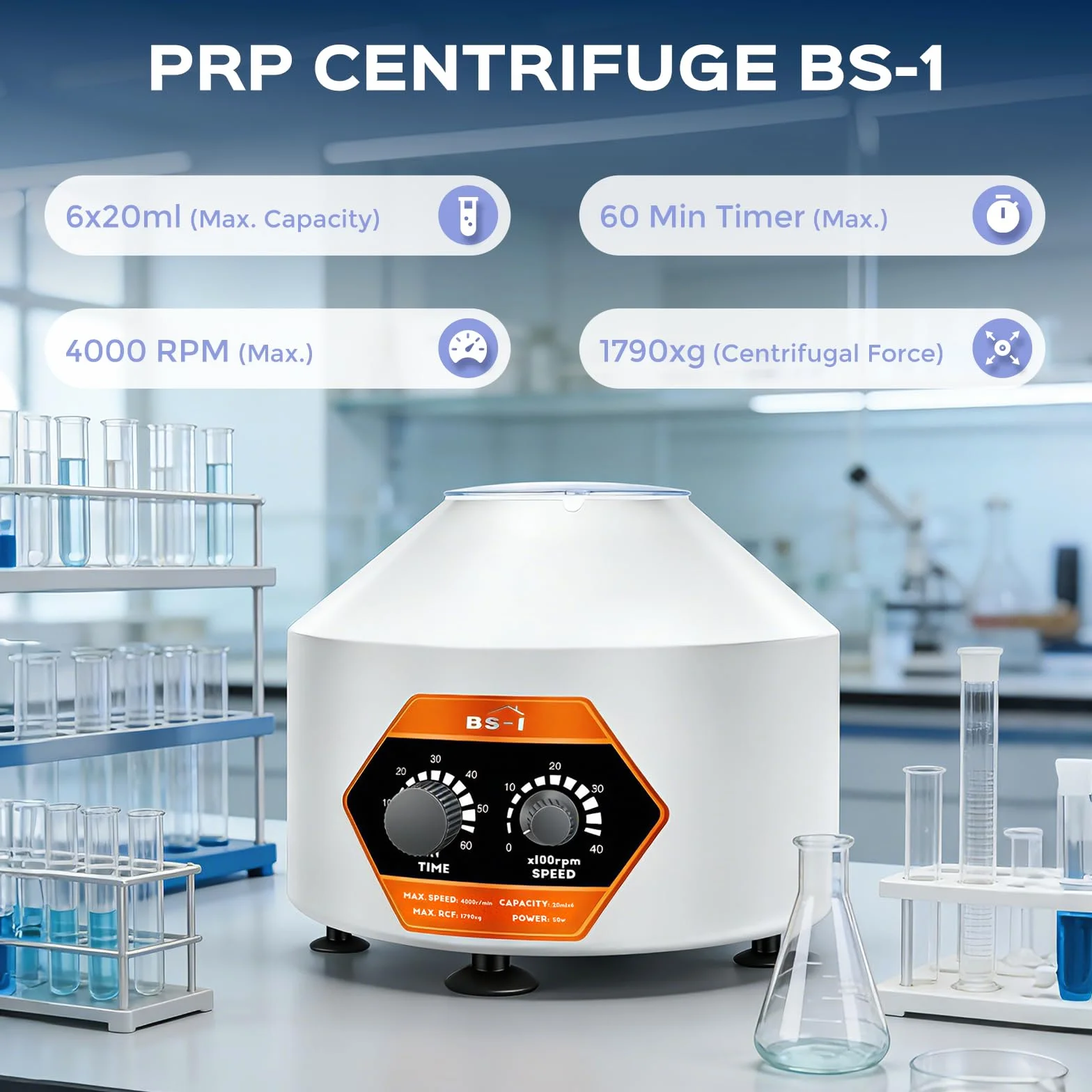 Bonvoisin Labor Zentrifugenmaschine 6X20ml, 4000rpm, 60min Timing, 1790xg Zentrifugalkraft mit transparentem Deckel, PRP PRF Gebrauch für 5/7/10ml Zentrifugenrohre Vacutainer 10/15ml (Original)
