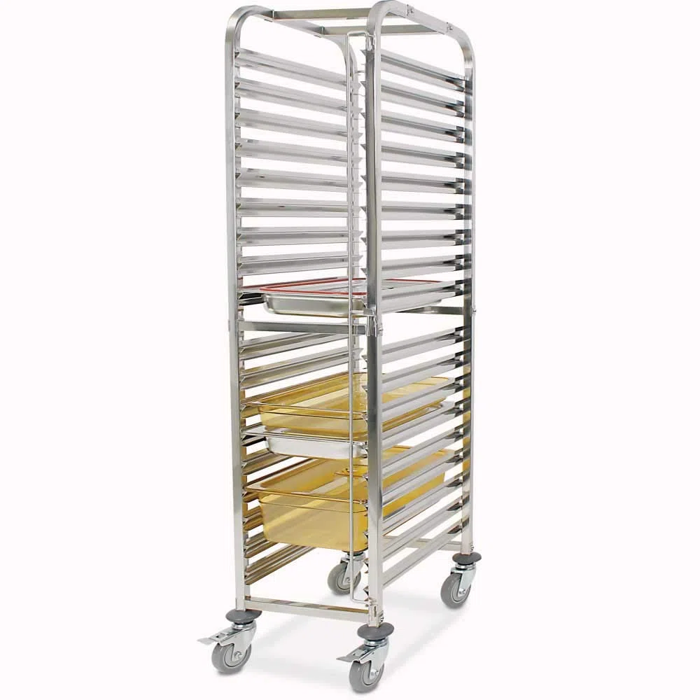 BRB Transportwagen für GN-Behälter, für 18 GN-Behälter 1/1, Edelstahl, BxTxH 380x550x1735 mm, 4 Gummilenkrollen mit Feststellbremse