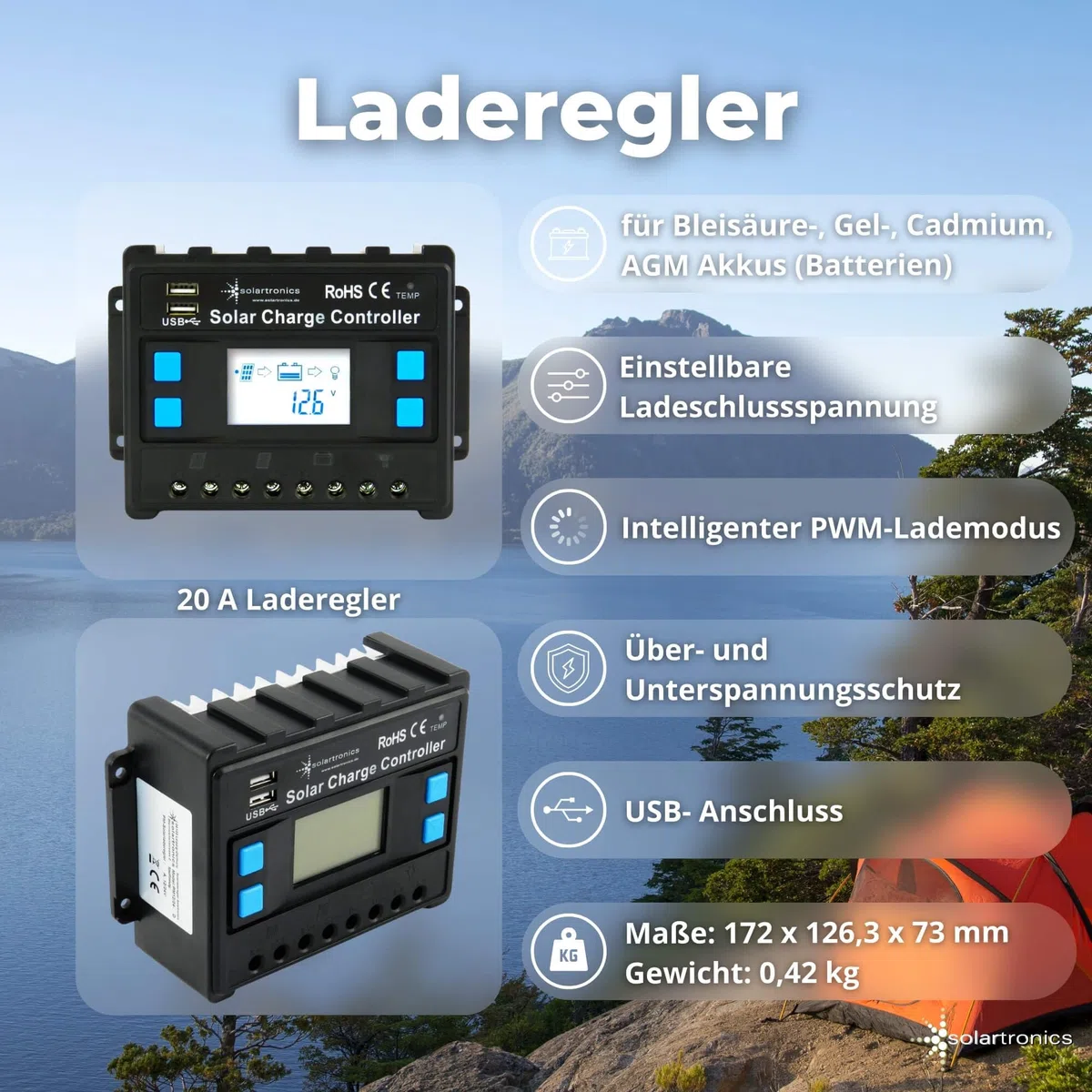 SOLARTRONICS Komplettset 2x120 Watt Solarmodul 1070x580x35, TS 1000W Spannungswandler + 20A Laderegler + Solarkabel + Solarstecker Photovoltaikanlagen Wohnmobil Inselanlage