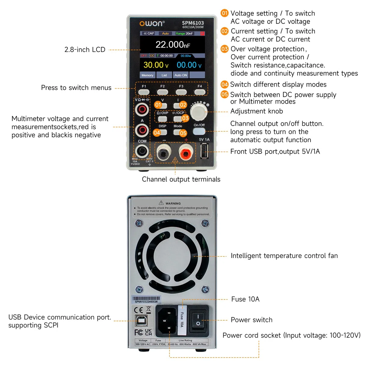 OWON SPM6103 2 in 1 Labornetzteil & Multimeter 60V/10A, DC-Netzteil Variabel, Tischnetzteil mit 2,8 Zoll Hochpräzisions-LED, USB-Schnittstelle, SCPI-Unterstützung, 4 1/2 Digital Multimeter