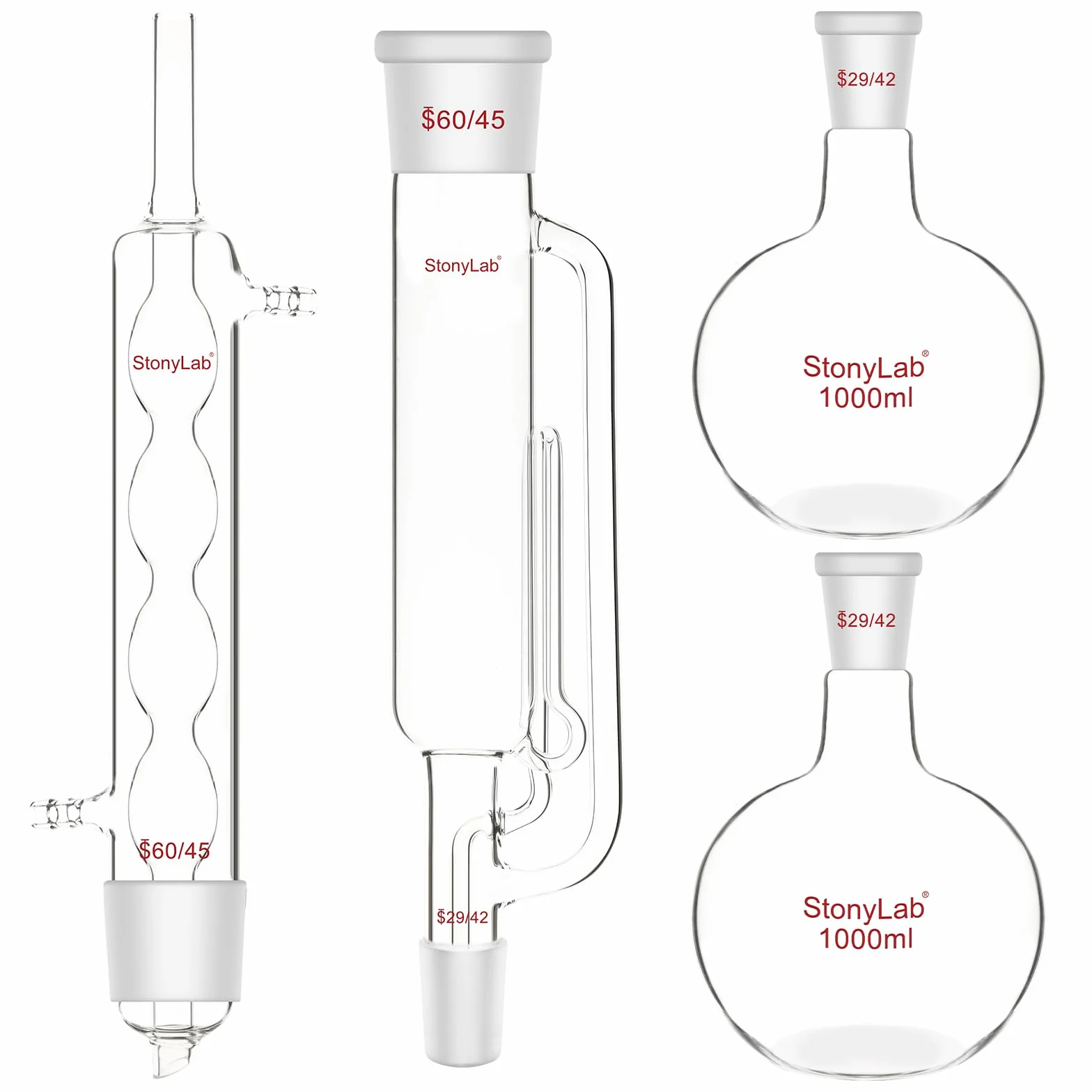 stonylab Borosilikatglas Soxhlet-Typ Extraktionsgerät, 60/45 Soxhlet Extraktor und Allihn Kondensator mit Zwei 1 L 29/42 Flachbodenkolben Laborextraktion Wesentliche