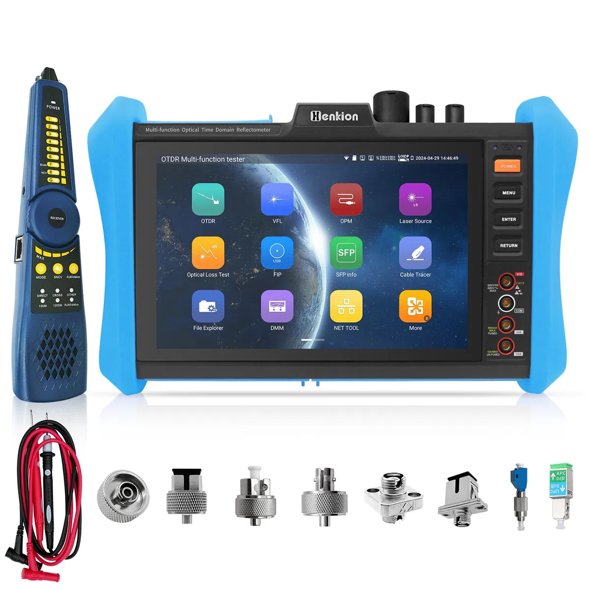Henkion OTDR-Glasfasermessgerät 8 Zoll IPS-Touchscreen, 1310/1550nm 28/26dB Fiber Optic Tester, Netzwerktester mit Event Map, LS, OPM, VFL, OLS, Digitalmultimeter, SFP, WLAN und RJ45 Kabeltest