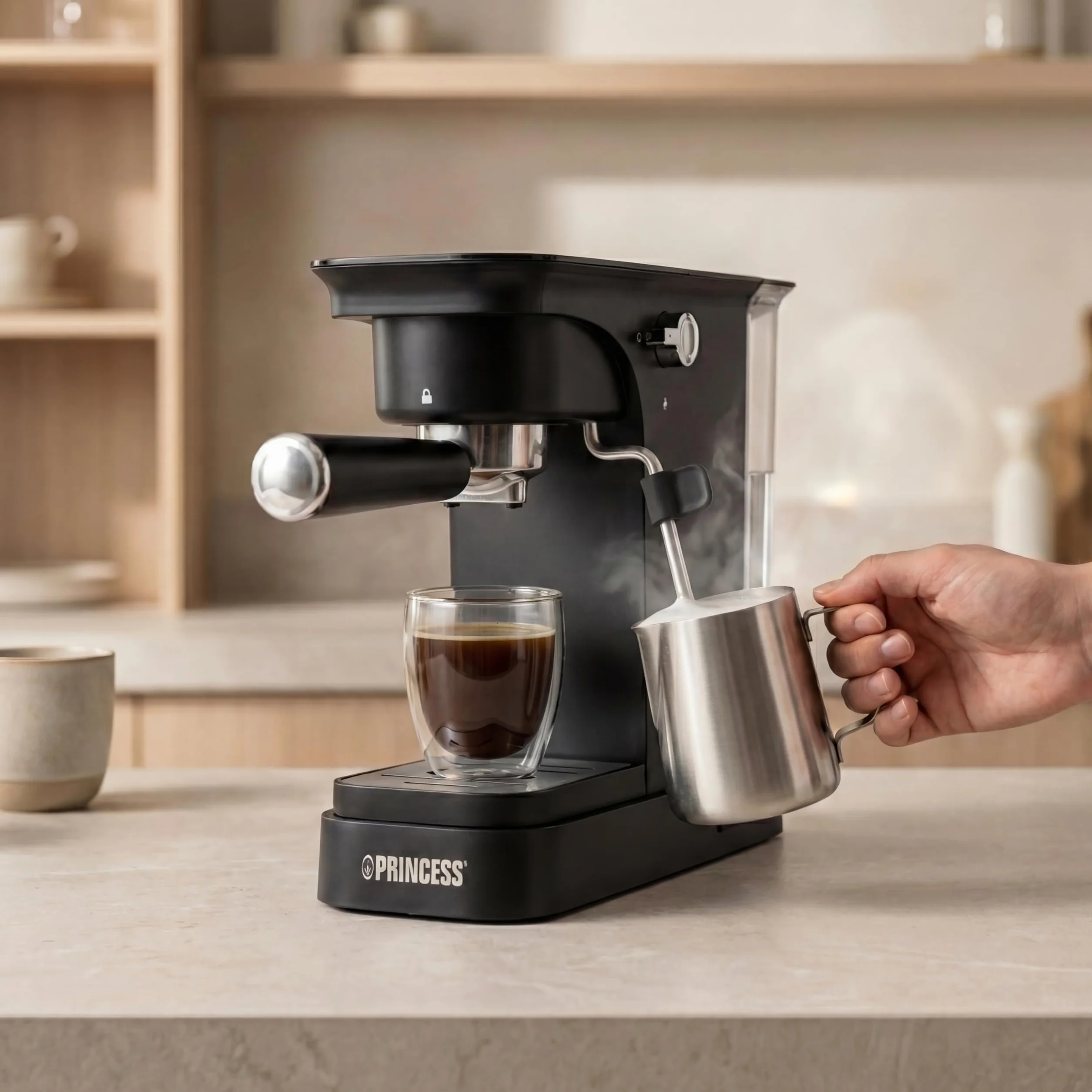Princess Espressomaschine, 20 Bar Pumpdruck, 0,8 l Wassertank, Für Gemahlenen Kaffee und ESE Pads, Kompaktes Design, Schwarzes Gehäuse, 01.249421.01.001