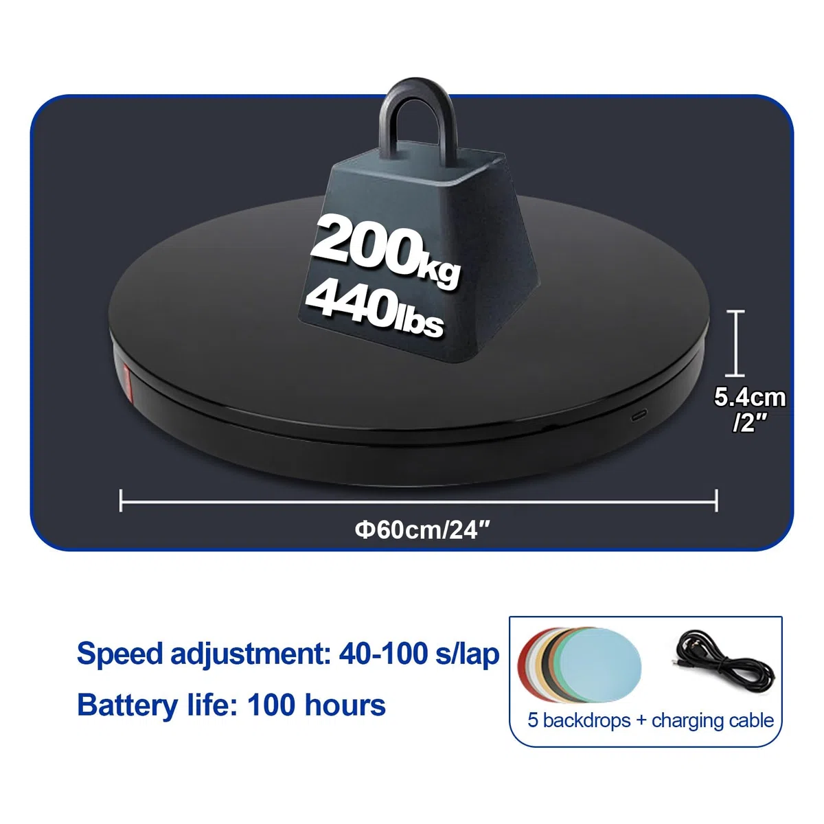 Drehbarer Sockel, elektrische Plattform, um 360 Grad drehbar, für Produktausstellung, Live-Shows, 5 bunte Hintergründe (Schwarz, 60 cm