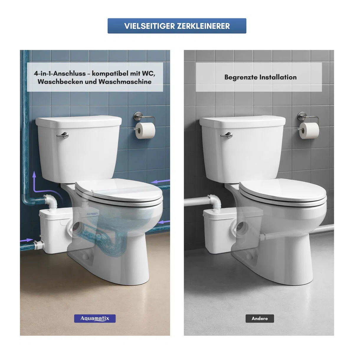 Aquamatix Hebeanlage 400W Sanitäre Abwasserpumpe 100L/min 8m Vertikale Förderstrecke mit 3 Einlässen für Toilette, Waschbecken und Badewanne mit Kohlefilter
