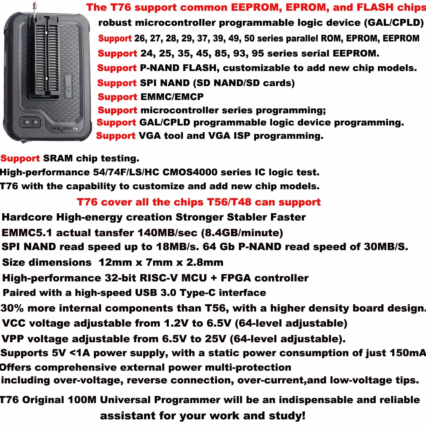 T76 Programmer 6 Adapters for with Xgecu T56 Programmer Tl866ii T48 Replacement Support Eprom ISP IC Chip PIC NAND Flash EMMC GALCPLD VGA BGA Socket