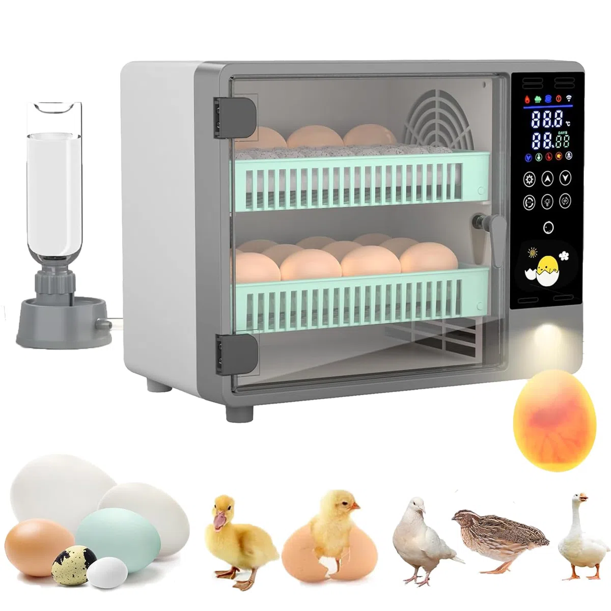 Vollautomatischer Inkubator für 24 Eier mit automatischem Drehen von Eiern und Befeuchtung durch Ultraschallbeströbung, Temperaturregelung, LED-Farbdisplay, Lichtlampe für Ei