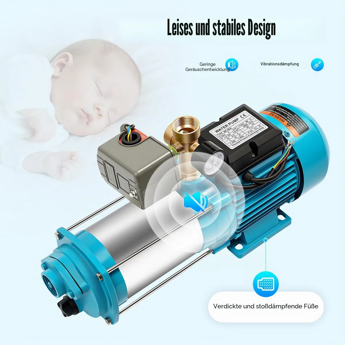 Edelstahl Kreiselpumpe 1300W 4000L/h, Selbstansaugende Gartenpumpe mit 98M Förderhöhe, Hauswasserwerk mit Druckschalter, Gartenbewässerungspumpe für Haushalt und Landwirtschaft