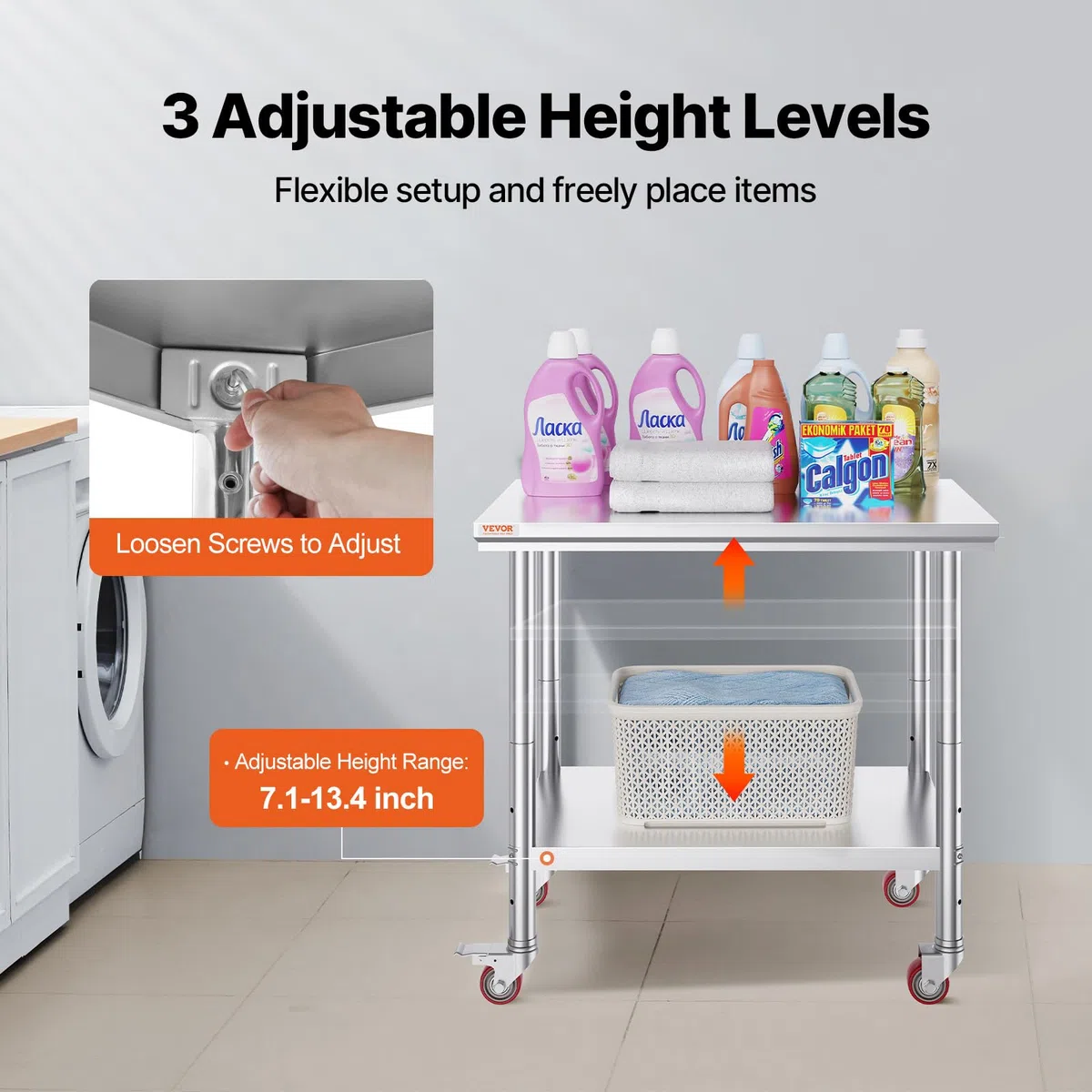 VEVOR Edelstahltisch 90 x 60 x 85 cm Küchentisch mit Tragkraft 136,08 kg, mit 4 Rollen, 3-Fach höhenverstellbar, robuster Vorbereitungstisch für die Lebensmittelzubereitung, Silber