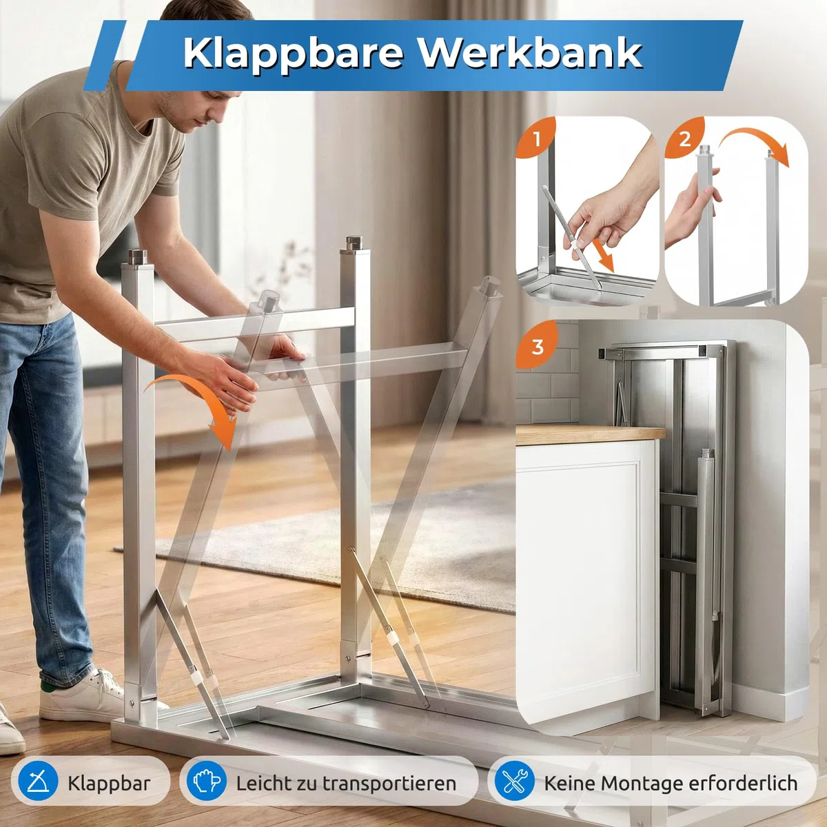 TLSUNNY Edelstahl Arbeitstisch Klappbar 120x60 cm, Edelstahl Klapptisch Outdoor mit 5 Haken, Höhenverstellbare Füße, Tragkraft 250kg, Gastro Küchentisch Grilltisch, Zubereitungstisch, Tisch für Küche
