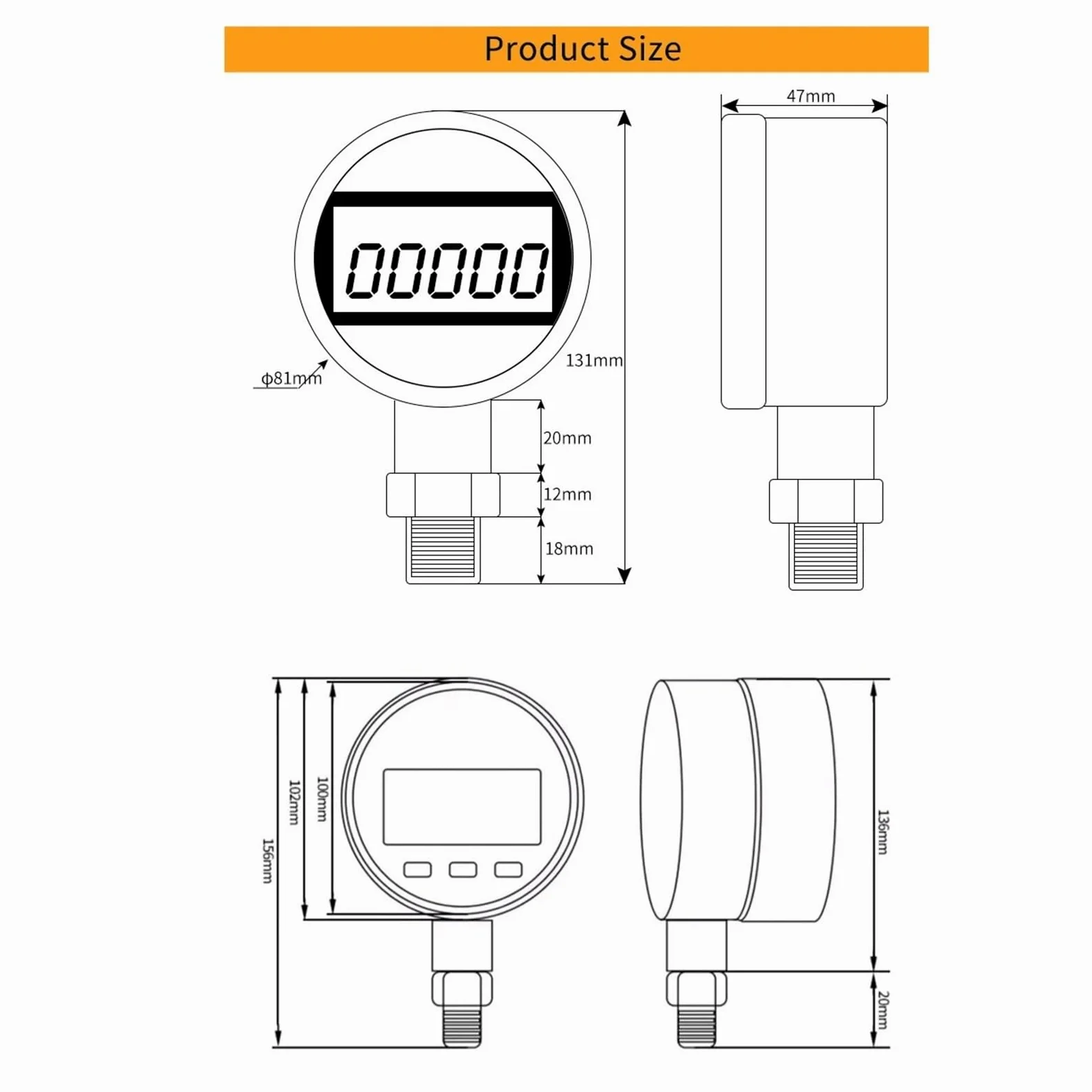 Digitales Manometer, QD-SD-80 0–600 bar 80 mm Luft-Wasser-Manometer aus Edelstahl 304(0-25bar)
