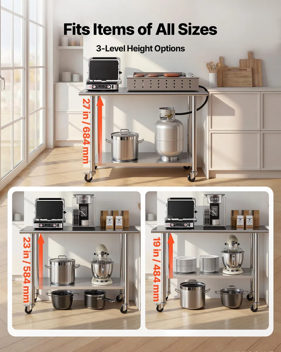 VEVOR Edelstahltisch Gastro 1220 x 610 x 864 mm, Verstellbarer Edelstahltisch mit Rollen Gewerblicher Arbeitstisch mit Grundboden für Restaurant Schwerlast Obere Ablage (245 kg) Untere Ablage (204 kg)