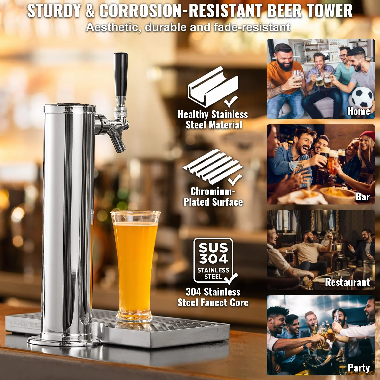 VEVOR Bierturm-Satz, Bier-Umrüstsatz für Einzelzapfhahn, Bier-Turmspender aus Edelstahl mit Doppelmessgerät W21.8-Regler & S-System-Fasskupplung, Bier-Tropfschale für Partys zu Hause
