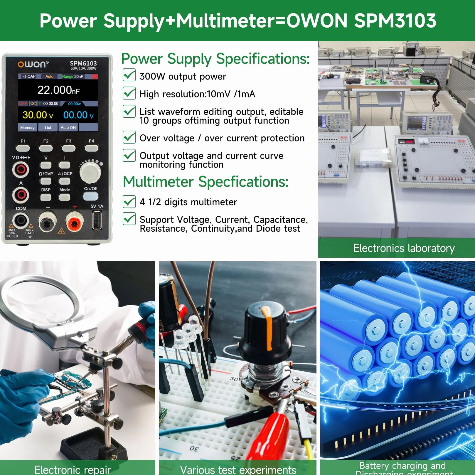 OWON Labornetzteil (0-60V,0-10A), SPM6103 2-in-1 DC Netzteil und Multimeter, Programmierbares DC Labornetzteil mit 300W Ausgangsleistung 2.8-Zoll LCD Display, 4 1/2 Digital Multimeter