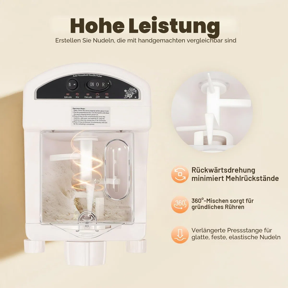 Elektrische Nudelmaschine Vollautomatische 260W mit 9 Aufsätzen, Automatische Nudelmaschine für Nudeln, Pasta, Teigtaschen, bis zu 500g Mehl, 3-Minuten Knetvorgang