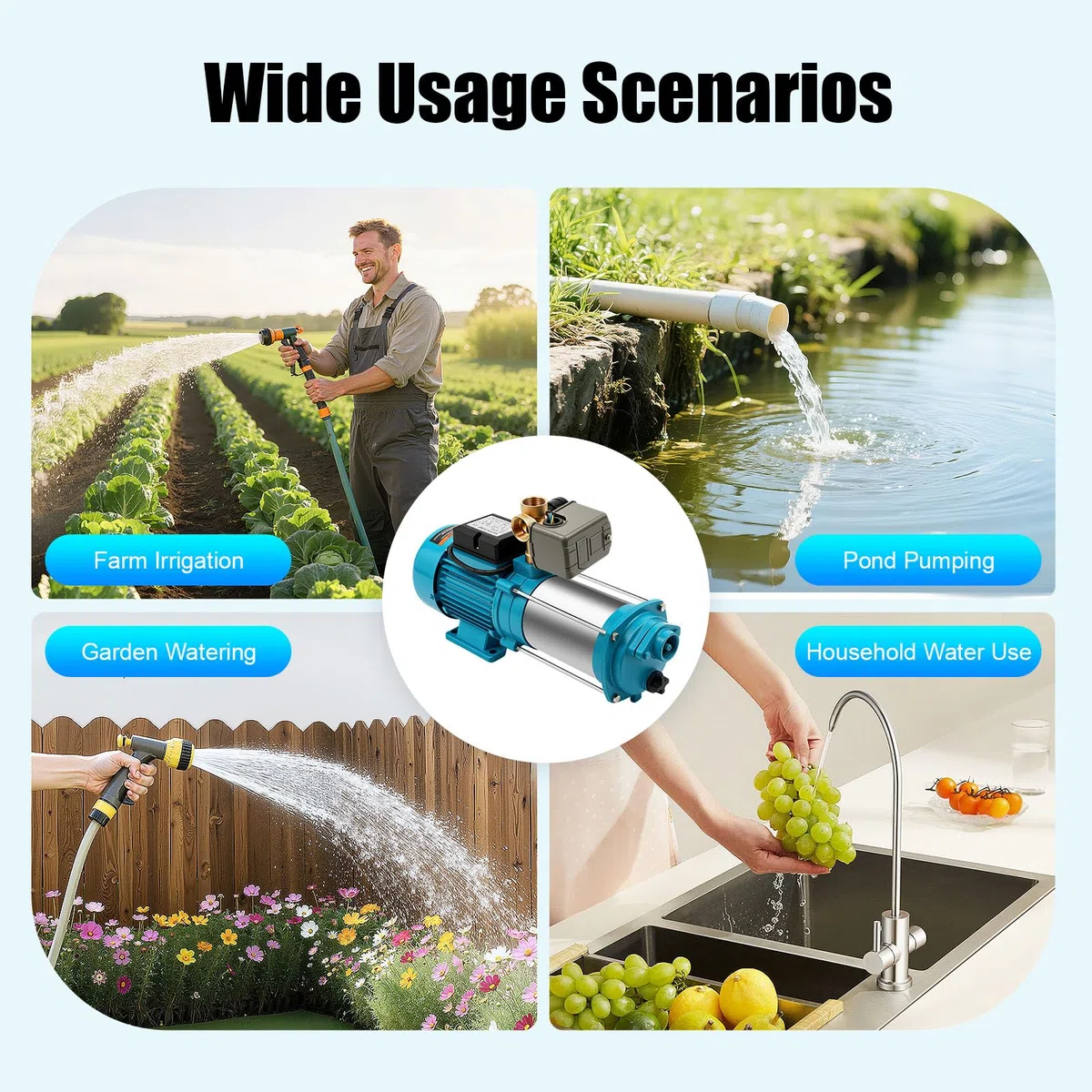 Gartenpumpe Selbstansaugend, Profi Kreiselpumpe 1300W 9,8 bar, Wasserpumpe 4000 L/H, Edelstahlpumpe für Hauswasserwerke, IP 44 Schutzklasse, Zur Bewässerung des Garten/Rasen/Landwirtschaftliche