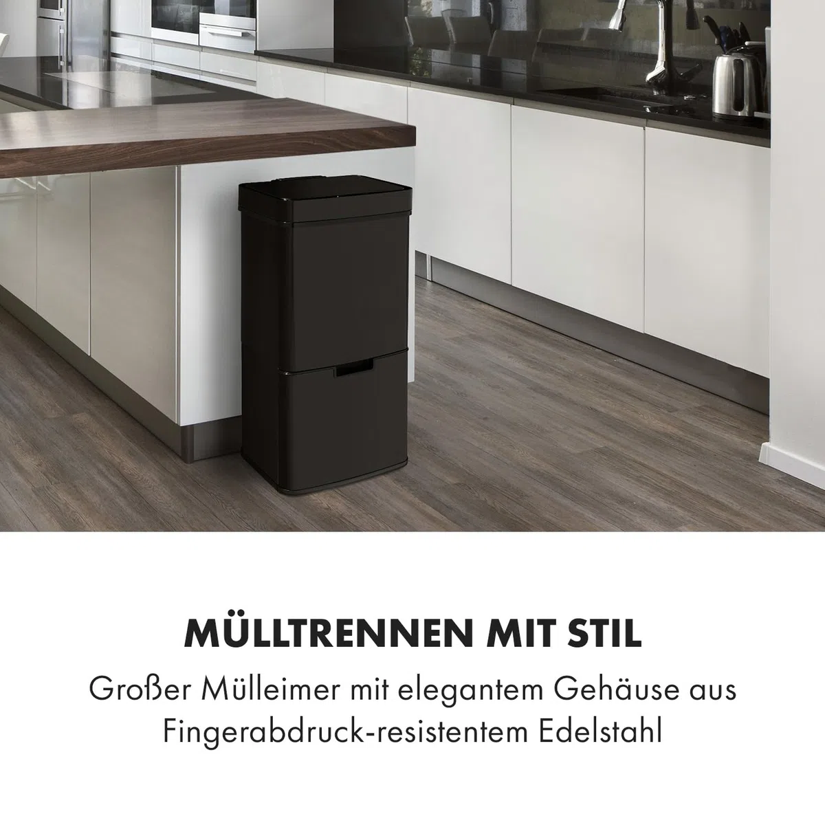 Klarstein Royal Trash Sensor-Mülleimer, 72 L Volumen in 4 Behältern, Restmüll & Recycling-Abfälle: 43 & 2 x 12,5 L, Bio-Eimer mit Deckel: 4 L, automatisches Öffnen und Schließen, Glänzend schwarz