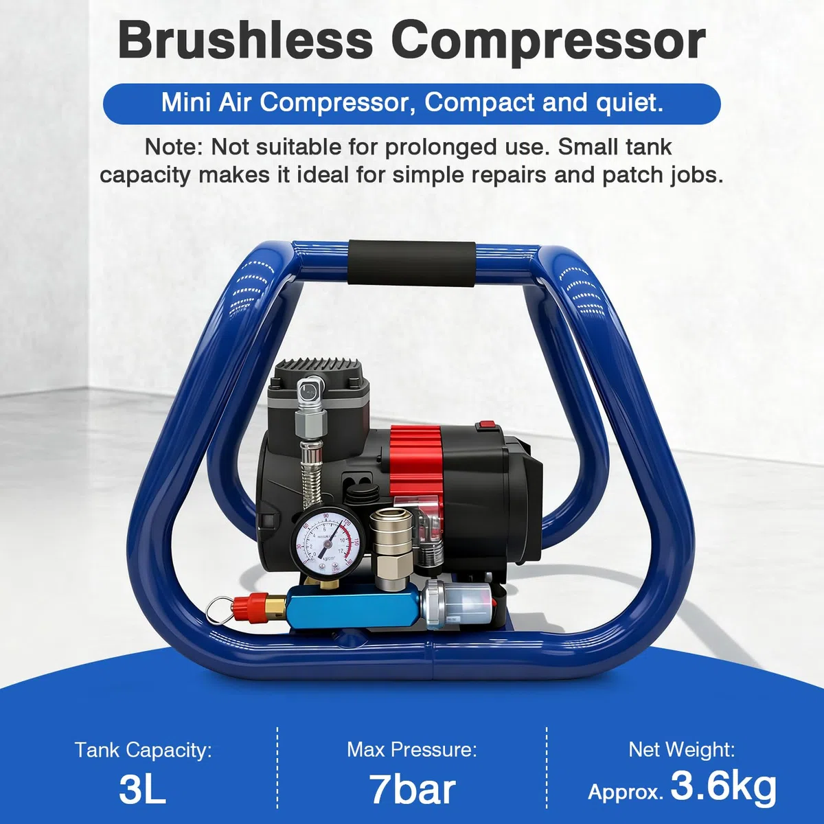 Akku Kompressor Druckluftkompressor kompatibel mit Makita 18V Akku, Geräuscharmer Tragbarer Luftkompressor, Ölfreier Luftkompressor, Maximaler Druck 8 Bar, 3L Gasflaschenkapazität, Geräuschpegel 65
