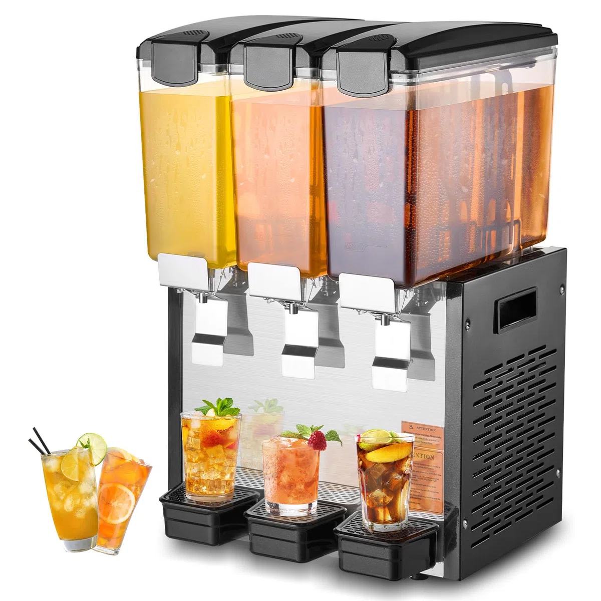 VEVOR kommerzieller Getränkespender mit 3 Tanks, Saftspender 10 L (pro Tank), 440 W Edelstahl Eistee-Getränkeautomat mit 7–12 °C Kühltemperatur, für Kaltgetränke Restaurant Bar Party Buffet Catering