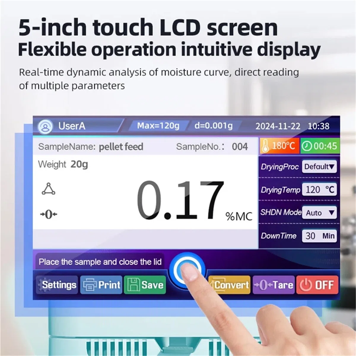 Feuchtigkeitsmessgerät, 5-Zoll-Touchscreen-Halogen-Feuchtigkeitsmessgerät Mit Kunststoffpartikelheizung For Lebensmittel Und Futtermittel (120 G)(120g 0.001g)